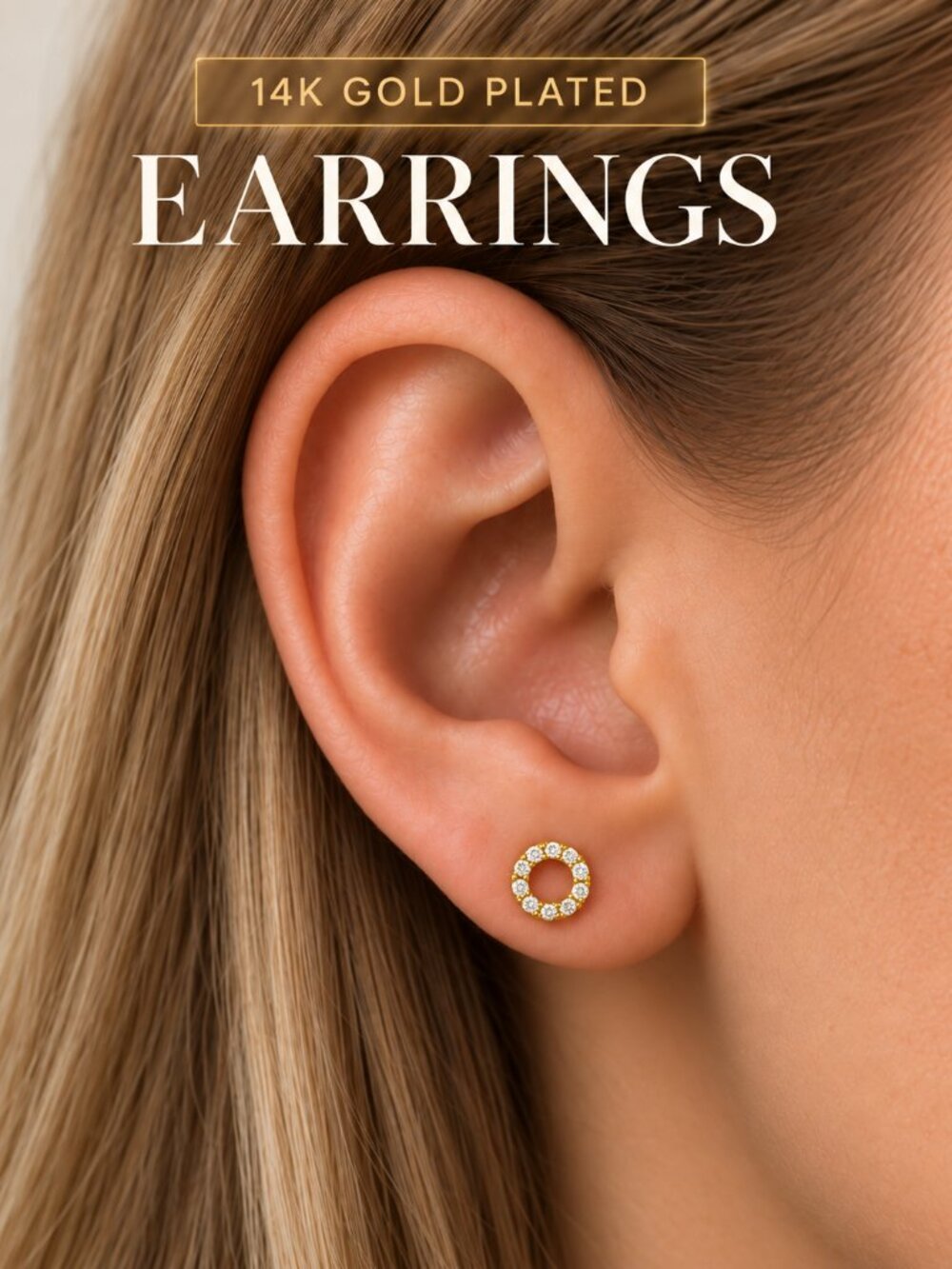 14K Gold Stud Earrings: Open-Circle Pavé with Hand-Set CZ Stones, 14K Plated
